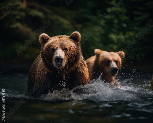 Two Majestic Brown Bears Strolling Through the Serene Waters. Two brown bears walking through the water together