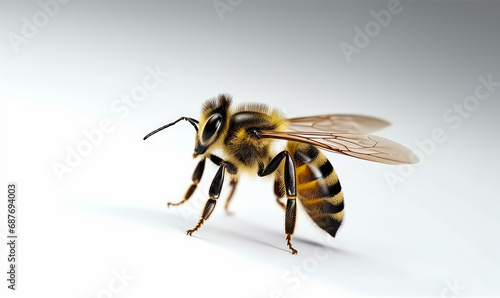A stunning bee is flying isolated on transparent background. A close up of a bee on a white background © Vadim