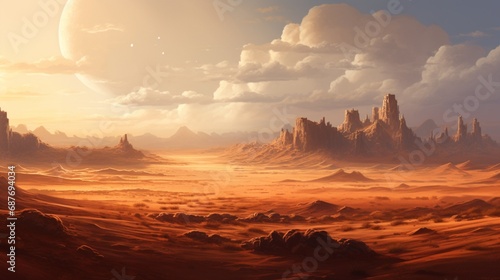 A vast desert landscape with towering dunes and a distant mirage shimmering in the heat.