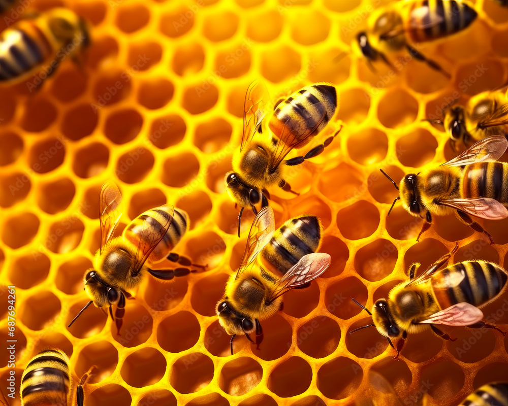 Bee are working on honeycomb super realistic macro. A bunch of bees that are on a honeycomb Bee are working on honeycomb super realistic macro. A bunch of bees that are on a honeycomb