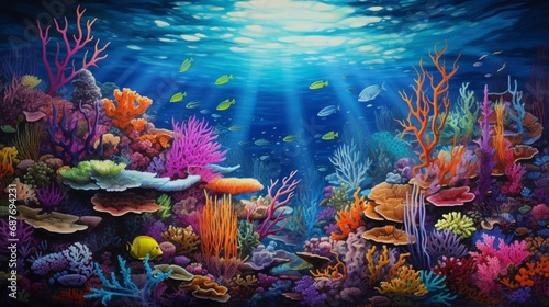 A vibrant coral reef teeming with exotic marine life and vibrant underwater colors. © Image Studio