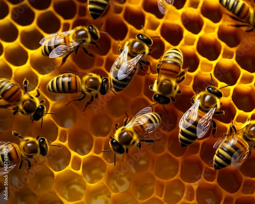 Bee are working on honeycomb super realistic macro. A group of bees sitting on top of a honeycomb