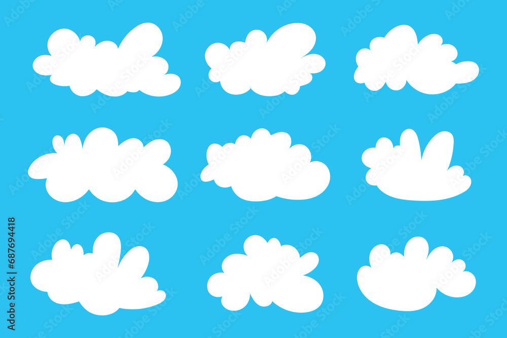 Set of cartoon cloud in a flat design. White cloud collection. Many white clouds for design, symbol or logo. abstract outline and filled vector sign