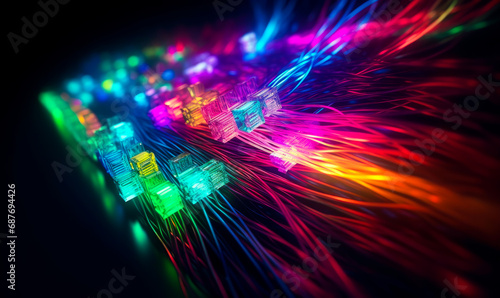 Colored electric cables and led optical fiber intense. A computer generated image of colorful lights