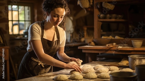 In a cozy, sunlit kitchen, a baker with an apron works meticulously on shaping perfect rounds of bread dough, preparing them for the oven. The rustic interior and the peaceful setting evoke a sense.