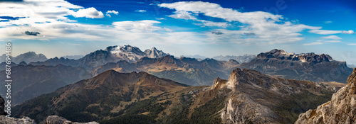 View of the Marmolada in the Dolomites on a sunny autumn day with a blue sky taken from the Lagazuoi
