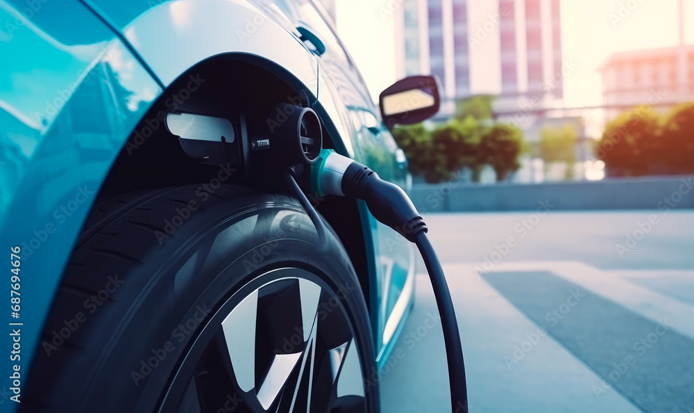 EV electric car plugged charging at standalone station. An electric car being charged at a charging station EV electric car plugged charging at standalone station. An electric car being charged at a charging station