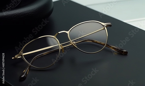Design a fashionable and retro metal eyeglasses. A pair of glasses sitting on top of a table photo