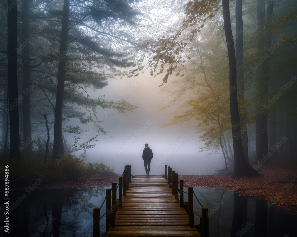 Misty photograph of a man on a pond pier in a forest. A person standing on a dock in the middle of a forest
