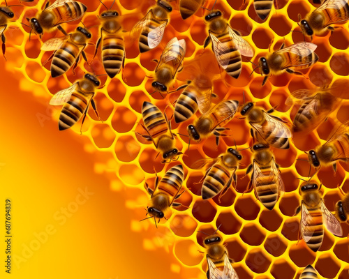 Many bees are working on honeycomb super realistic macro. A bunch of bees that are on a honeycomb