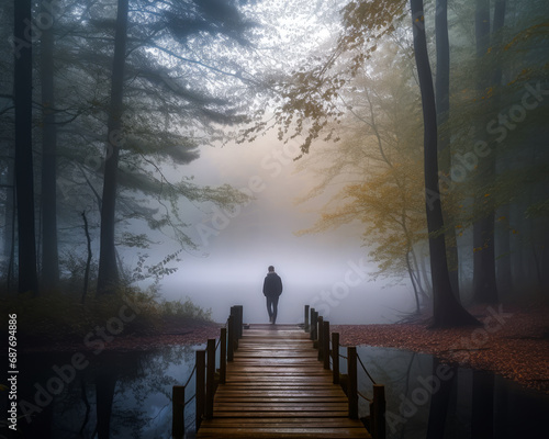 Misty photograph of a man on a pond pier in a forest. A person standing on a dock in the middle of a forest