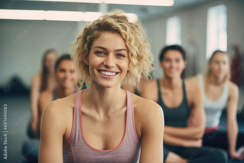 A woman in a pink tank top smiles in front of a group of women