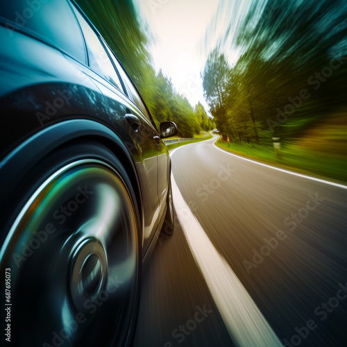 Motion blur of a car on the road close-up of a wheel wide. A car driving down a road with trees in the background