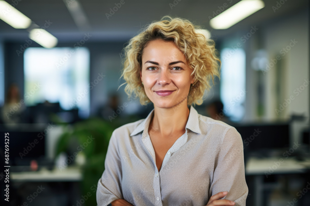 A woman with curly blonde hair is smiling with her arms crossed A woman with curly blonde hair is smiling with her arms crossed