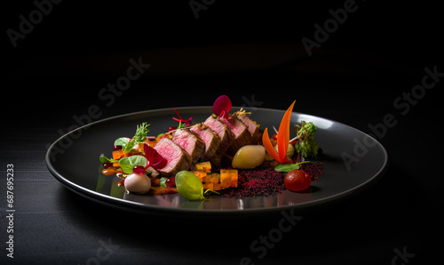Piece of steak on a plate covered in vegetables. A plate of food that is on a table