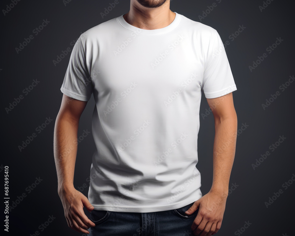White Male T-shirt Mockup. A man in a white t - shirt posing for a picture White Male T-shirt Mockup. A man in a white t - shirt posing for a picture