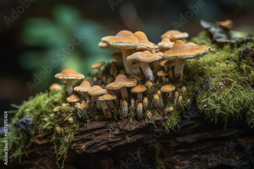 colony of small light brown mushrooms growing on tree bark covered with green moss in a forest 