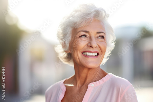 A woman with gray hair and a pink shirt is smiling