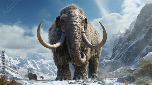 closeup mammoth trudges over snow covered hills. woolly mammoth, prehistoric ice age. generative ai © Witri