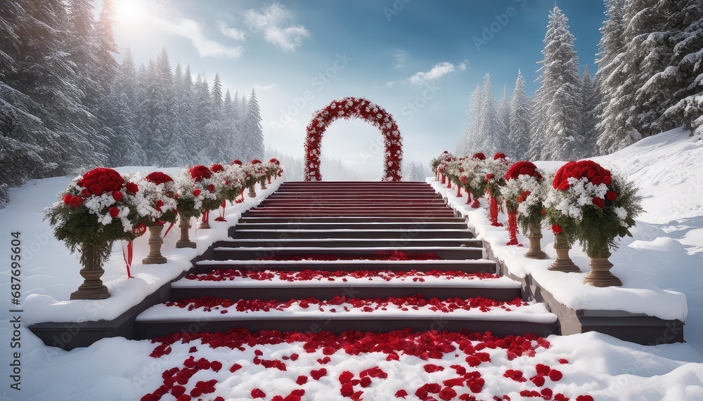 wedding backdrop with christmas themed, heavy snow on the winding stair steps, staircase, floral arch, red and white roses covered with snow, white trees, forest background - obrazy, fototapety, plakaty 