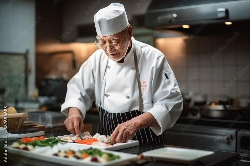 A chef is preparing food in a kitchen and has a badge on his uniform that says ' a ' on it A chef is preparing food in a kitchen and has a badge on his uniform that says ' a ' on it
