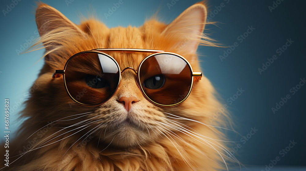 Closeup portrait of funny ginger cat wearing sunglasses on pastel color background. generative ai