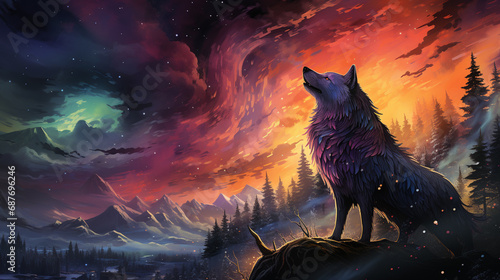 Colorful northern landscape with howling wolf spirit and aurora borealis. generative ai