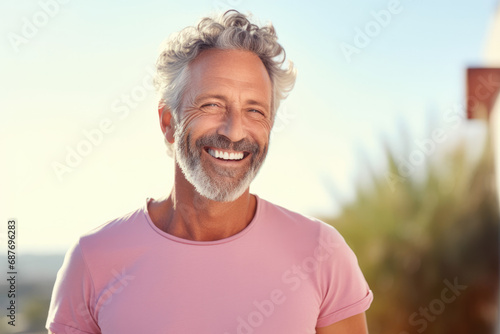 A man with gray hair and a pink shirt smiles for the camera