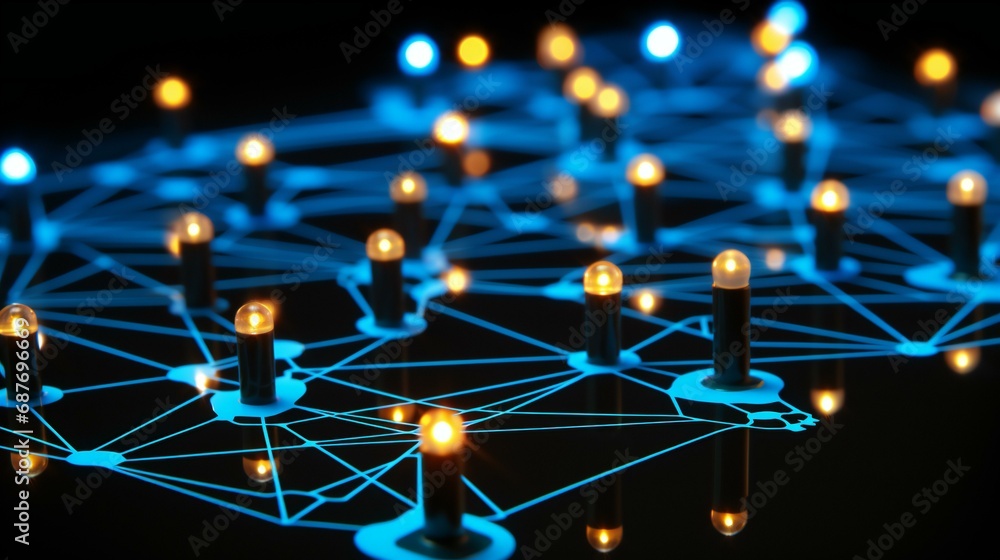 A connective technology concept with blue lines and shapes, representing a network and communication A connective technology concept with blue lines and shapes, representing a network and communication