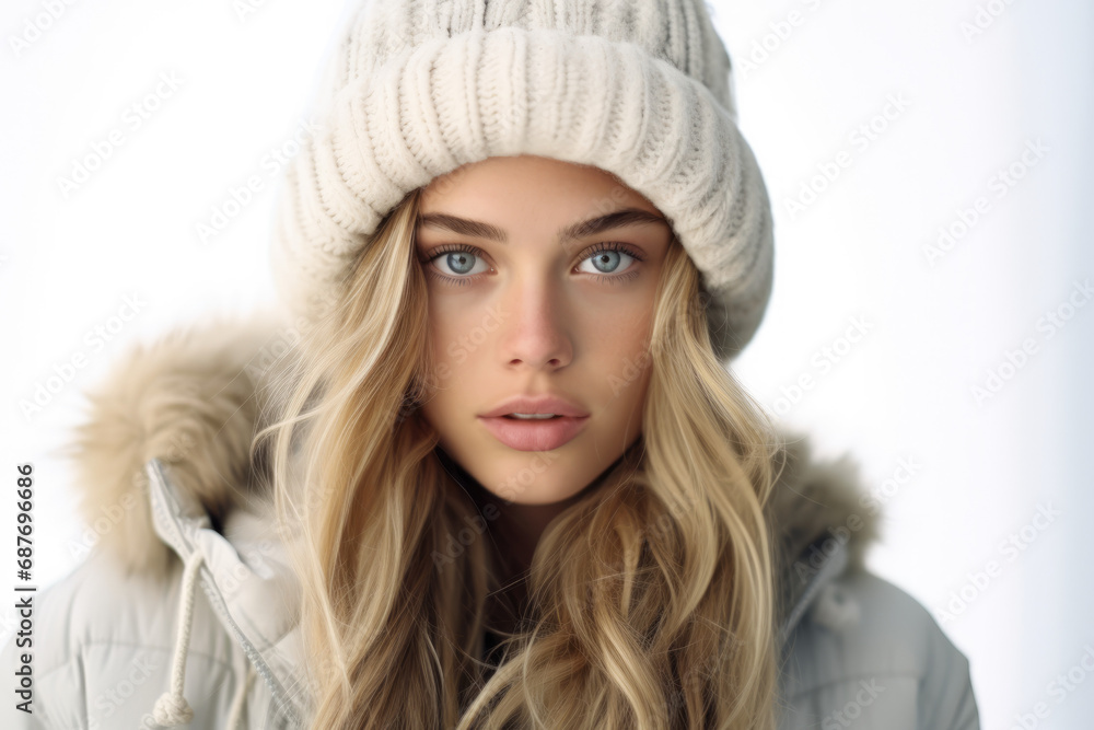 A woman wearing a white hat with a fur hood