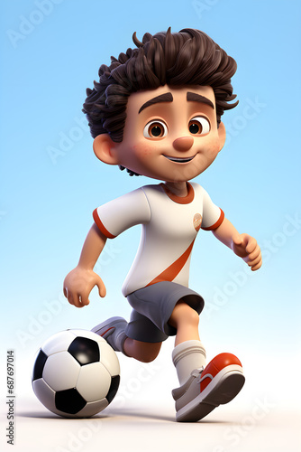 Cartoon cute little boy is playing soccer
