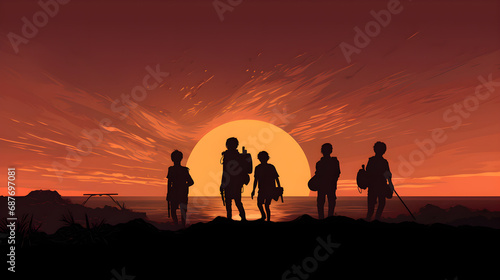 Silhouettes of youth on the sunset