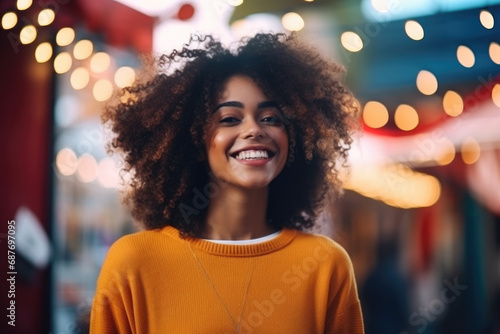 A woman with curly hair is smiling and wearing a yellow sweater photo