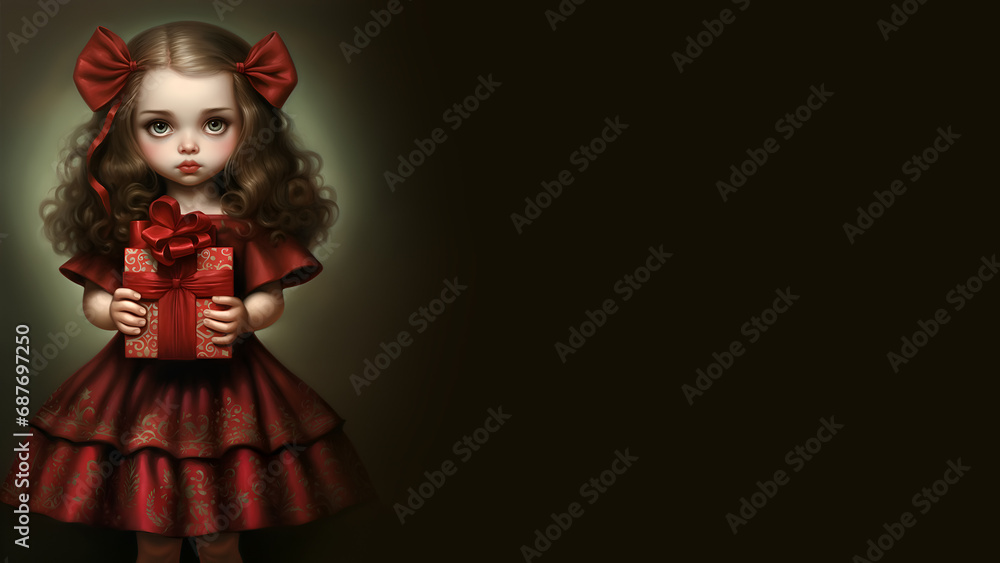 Cute blond doll in red dress holding a gift box, isolated on black background, Christmas, New Year, Birthday and other special events cartoon illustration, copy space, 16:9