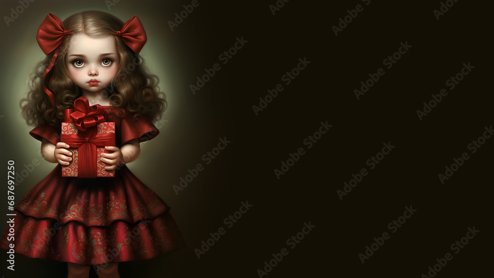 Fototapeta premium Cute blond doll in red dress holding a gift box, isolated on black background, Christmas, New Year, Birthday and other special events cartoon illustration, copy space, 16:9