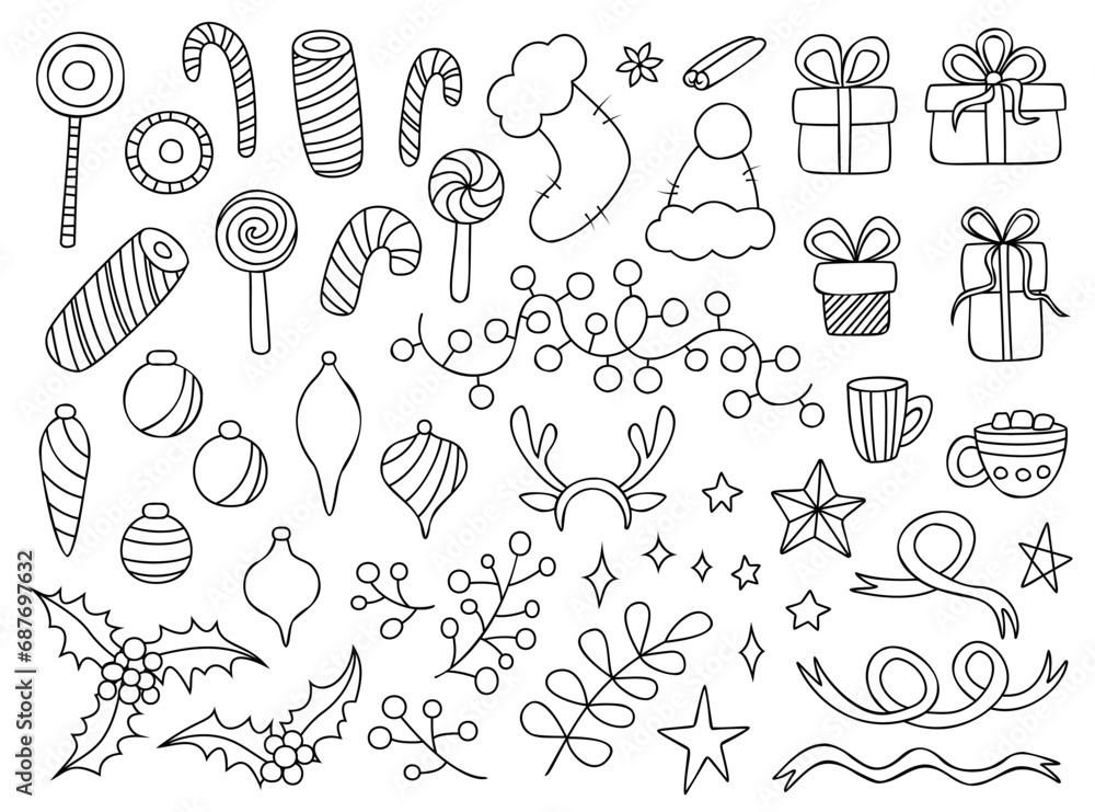 Vector Christmas set, doodle style. Hand drawn elements isolated on white background. Holiday decorations. Vector Christmas set, doodle style. Hand drawn elements isolated on white background. Holiday decorations.