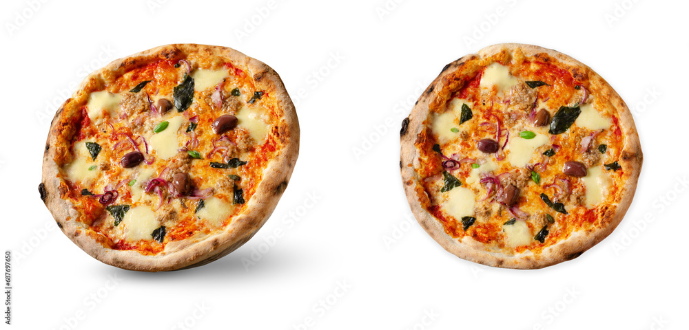 Tuna Pizza, Freshly Baked Pizza with Tuna, Mozzarella, Onion, Basil and Olives on White Background Tuna Pizza, Freshly Baked Pizza with Tuna, Mozzarella, Onion, Basil and Olives on White Background