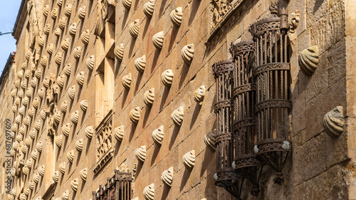 Facade of the Casa de las Conchas in the city of Salamanca, in Castilla y Leon, Spain.