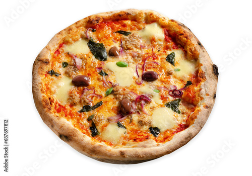 Tuna Pizza, Freshly Baked Pizza with Tuna, Mozzarella, Onion, Basil and Olives on White Background