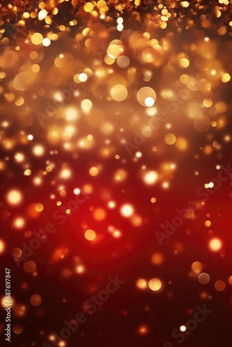 Red and golden sparkling glitter bokeh background. Holiday lights. Abstract defocused header. Wide screen wallpaper.
