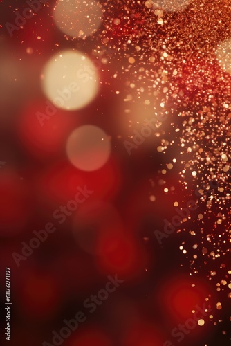 Red and golden sparkling glitter bokeh background. Holiday lights. Abstract defocused header. Wide screen wallpaper.