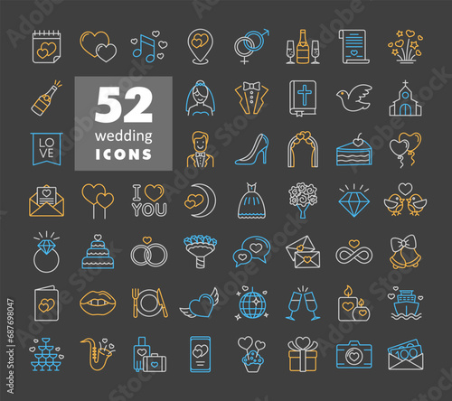 Wedding, marriage, bridal isolated vector icon set