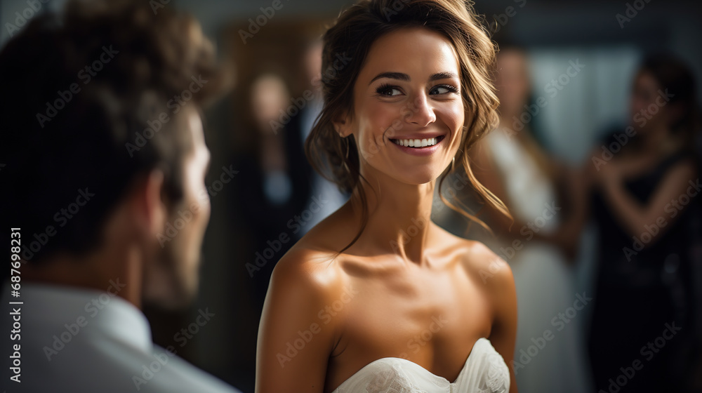 The bride and groom look at each other on their wedding day. Over the shoulder shot of a wedding couple The bride and groom look at each other on their wedding day. Over the shoulder shot of a wedding couple