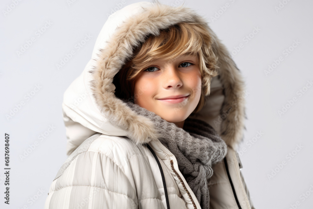 A young boy wearing a white coat with a fur hood A young boy wearing a white coat with a fur hood