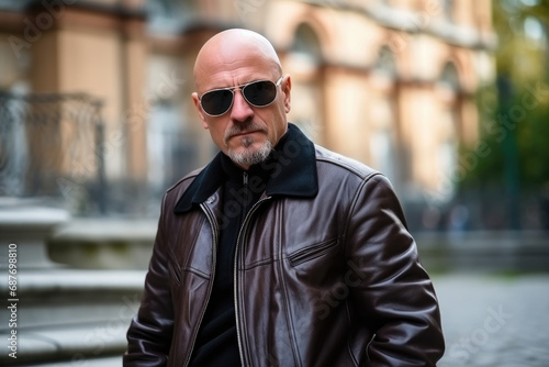 A bald man wearing sunglasses and a leather jacket