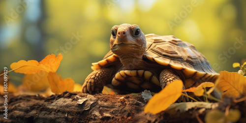 turtle crawling on leafs