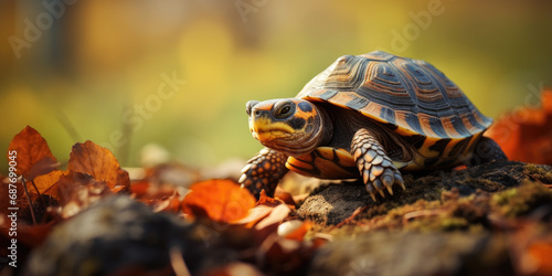 turtle crawling on leafs