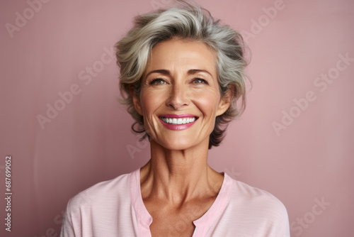A woman with gray hair and pink lipstick smiles for the camera