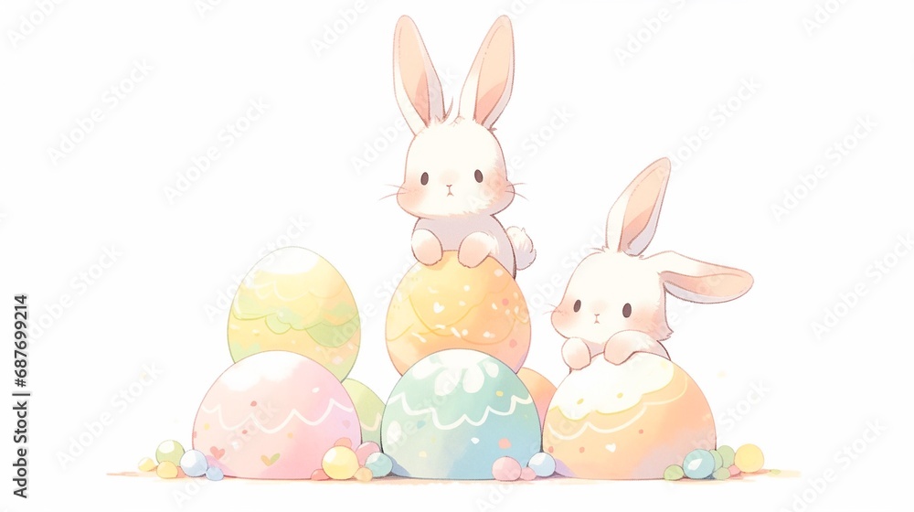 Cute bunny rabbit sits on easter eggs piles illustration isolated on white background, happy easter holiday, greeting card, Easter Egg Hunt Game concept. Cute bunny rabbit sits on easter eggs piles illustration isolated on white background, happy easter holiday, greeting card, Easter Egg Hunt Game concept.