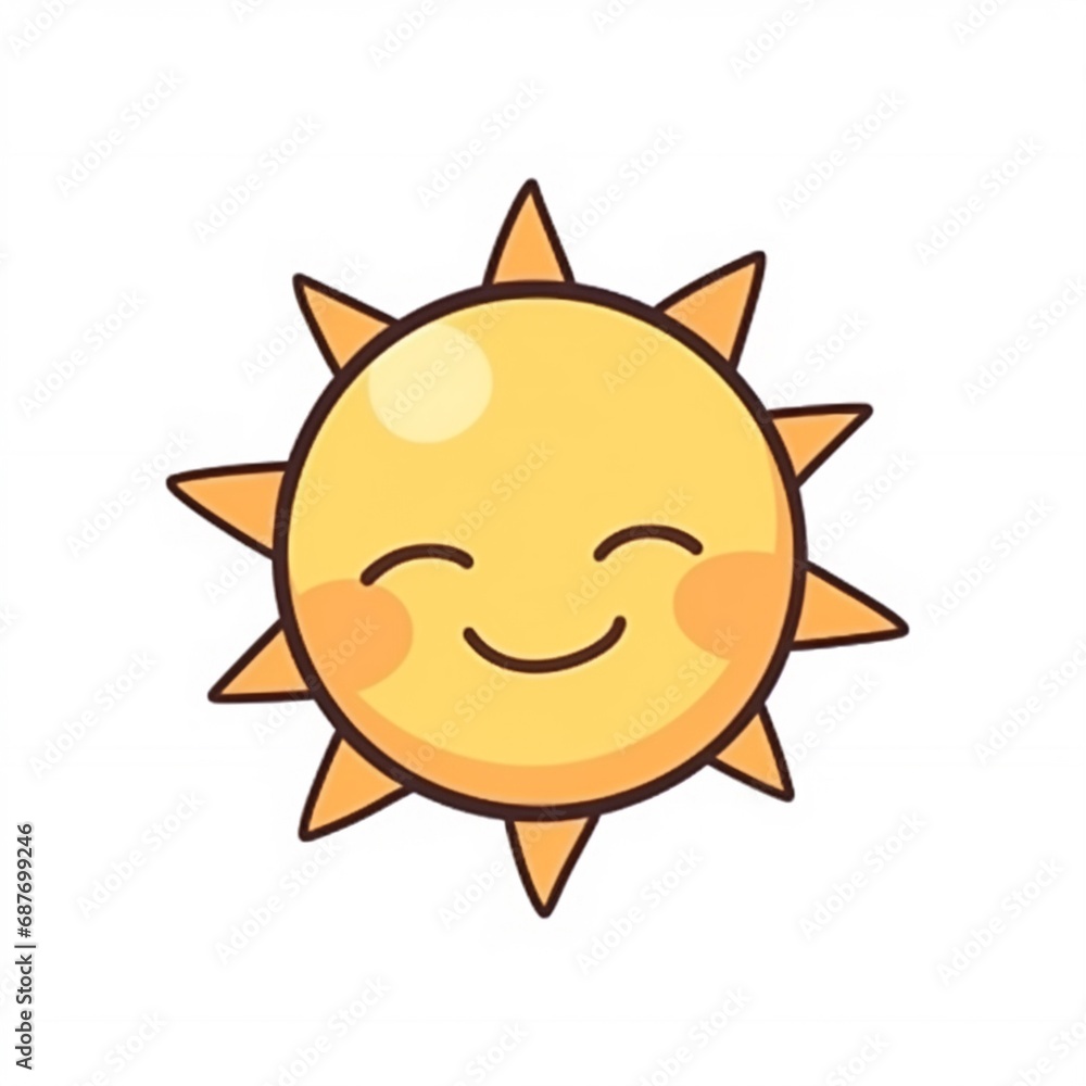Cute sun flat illustrations. Yellow childish sunny emoticons collection. Smiling sun with sunbeams cartoon character isolated on white background. T shirt print design element.